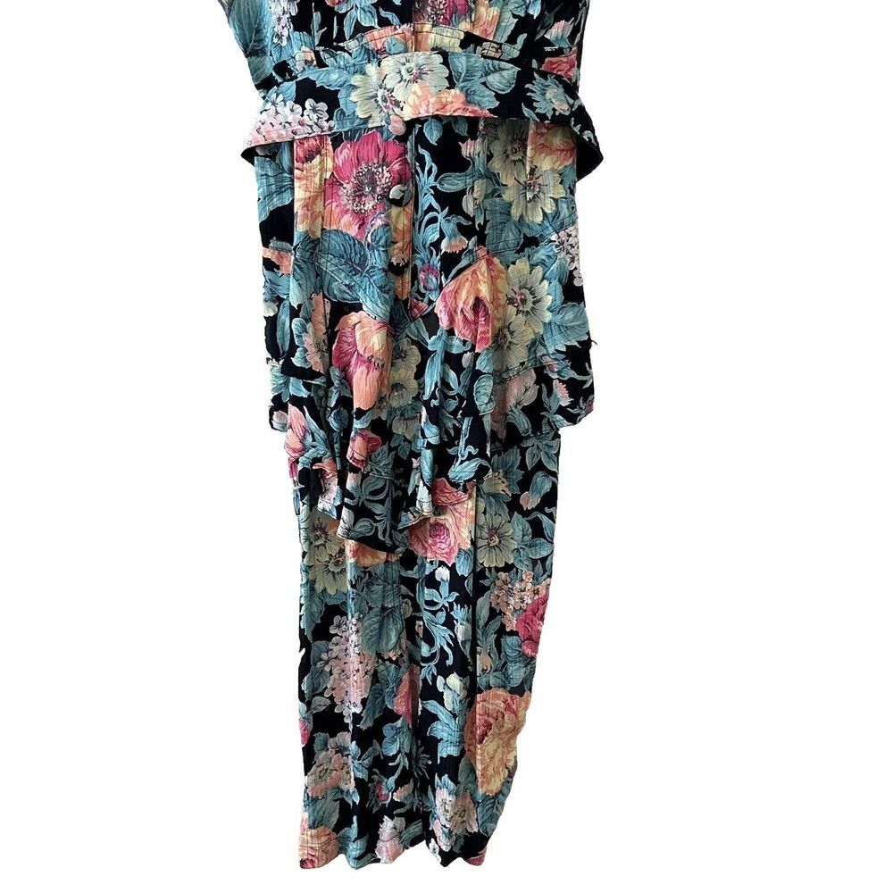 Vintage Karen Alexander Pintuck Ruffle Peplum Floral Viscose BeltedSlit Dress 10 - Picture 13 of 16